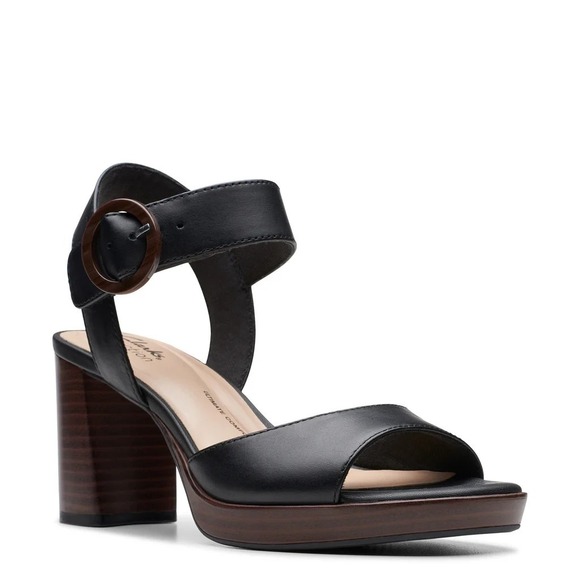Clarks Shoes - Clarks AmbyrLyn Sandal 10 Black Leather Block Heel Comfort Preppy Chic Shoe